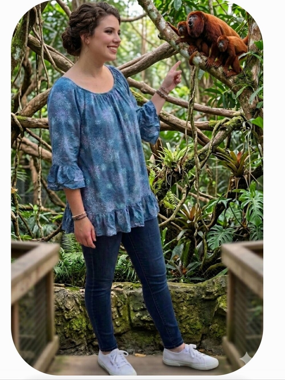 🎇 Terra & Sky Teal Blue Floral Peasant Top with 3/4 Sleeves and Ruffle Hem